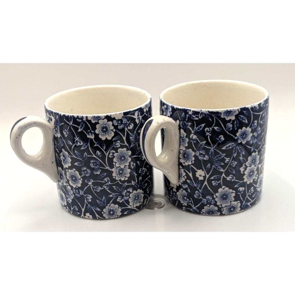 CROWNFORD CALICO Coffee Mug Pair Blue Floral Staffordshire England Cup READ
